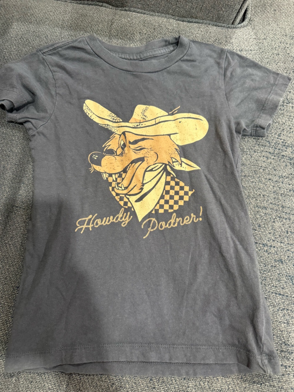 Kids Short Sleeve Graphic Tee in Charcoal with Yellow Cowboy Print